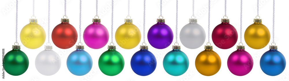 Christmas ornaments many balls decoration banner hanging isolated on white Christmas ornaments many balls decoration banner hanging isolated on white