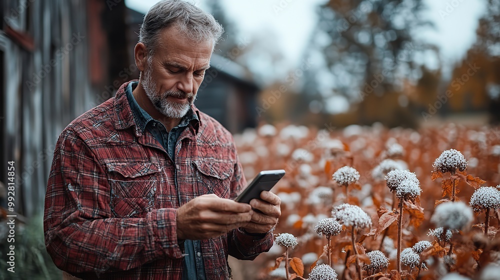 A farmer using a smartphone for data analysis in agriculture, illustrating the integration of technology and visual icons in modern farming. A farmer using a smartphone for data analysis in agriculture, illustrating the integration of technology and visual icons in modern farming.