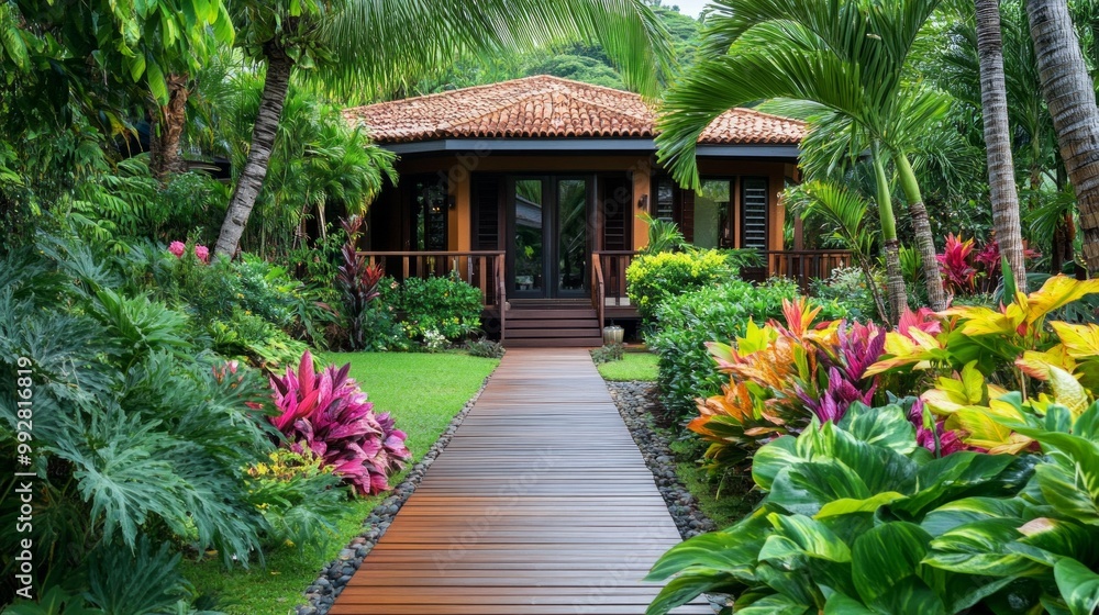 Tropical House Oasis, a vibrant dwelling enveloped by lush gardens, colorful tropical blooms, swaying palm trees, and a welcoming wooden walkway guiding guests to the entrance Tropical House Oasis, a vibrant dwelling enveloped by lush gardens, colorful tropical blooms, swaying palm trees, and a welcoming wooden walkway guiding guests to the entrance