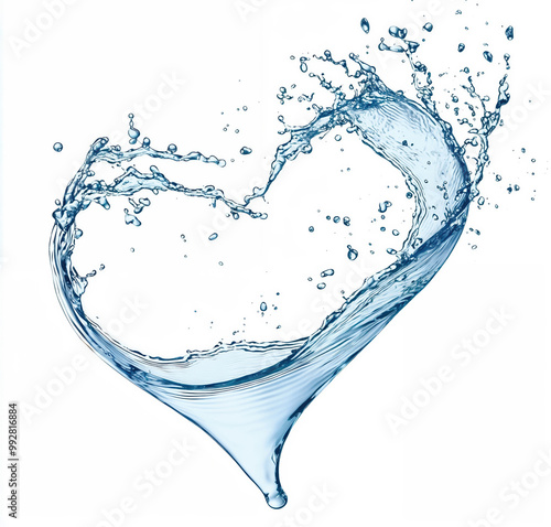 Water splash forming a heart shape on white background