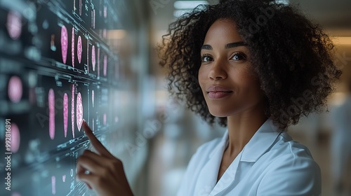 A female doctor points to a digital hologram with a mammography system in the background, highlighting innovation in medical technology.