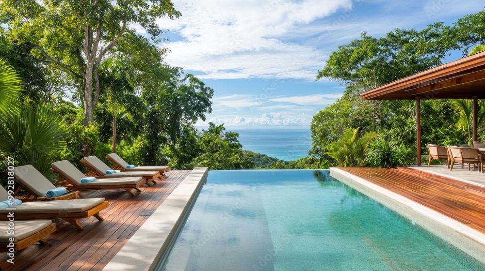 Obraz premium Tropical Oasis Retreat, a serene pool area featuring an infinity pool, wooden deck, lounge chairs, with breathtaking views of the ocean and lush tropical forest