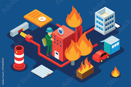 Illustration showcases fire prevention themes, including emergency responders and safety measures in action, Customizable Isometric Illustration for Fire Prevention