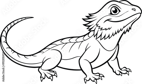 Bearded dragon line art animal silhouette vector icon, illustration on black and white.