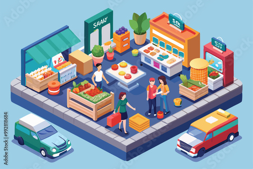 Shoppers interact in a lively grocery shop filled with fresh produce and colorful displays, Customizable isometric illustration for grocery shopping.