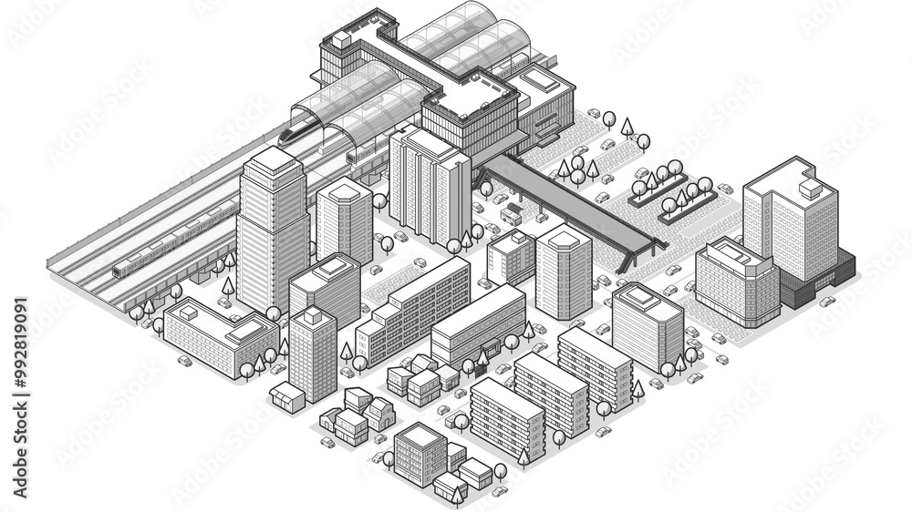 Fototapeta premium 俯瞰から見た立体の駅のベクターイラスト