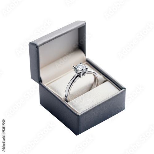 Elegant Diamond Engagement Ring in a Luxurious Grey Box on Transparent Background