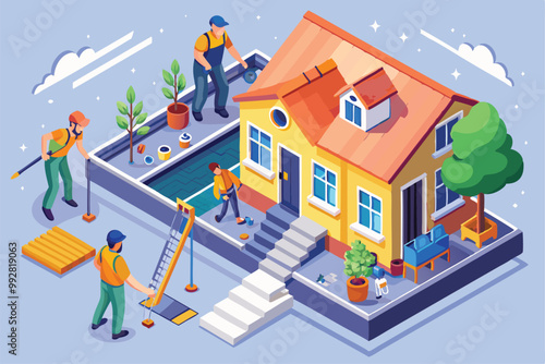 Workers perform various maintenance tasks around a house, including gardening, painting, and repairs, Customizable Isometric Illustration for Gutter Cleaning