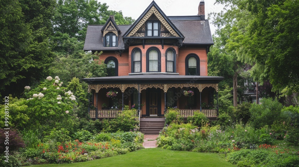 Victorian House with Ornate Porch and Bay Windows, showcasing intricate gingerbread trim, nestled in a vibrant green garden, exuding charm and historical elegance Victorian House with Ornate Porch and Bay Windows, showcasing intricate gingerbread trim, nestled in a vibrant green garden, exuding charm and historical elegance