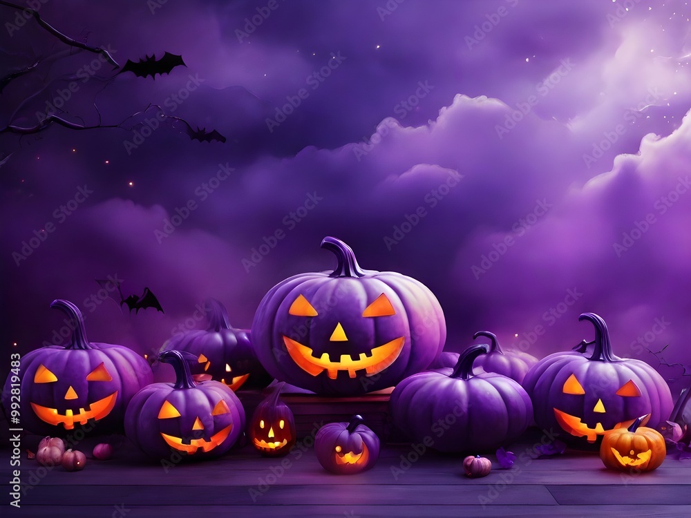 A fun Halloween backdrop with purple mist clouds and pumpkins in the background A fun Halloween backdrop with purple mist clouds and pumpkins in the background