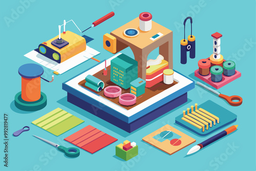 A vibrant workspace displays sewing supplies, featuring threads, scissors, and tools arranged thoughtfully, Customizable isometric illustration for hand sewing.