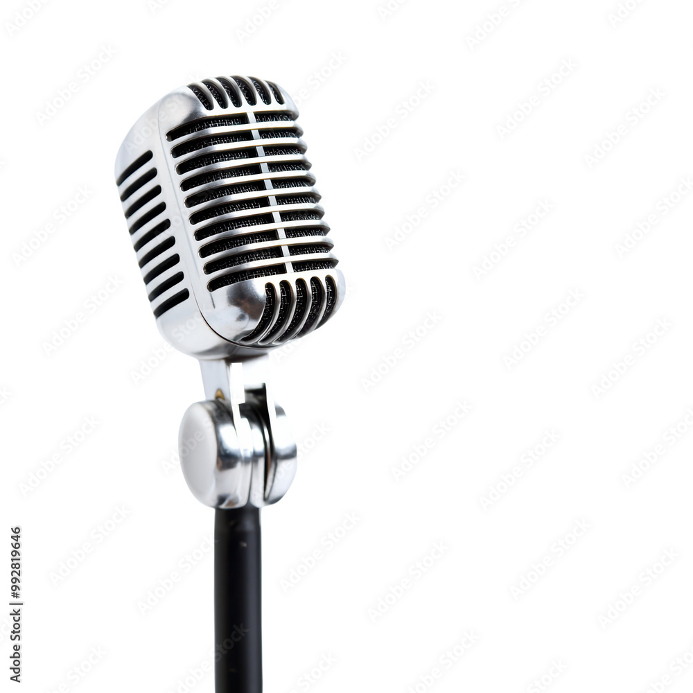 Fototapeta premium Vintage Silver Microphone on Stand Isolated on Transparent Background for Music and Broadcasting Concepts