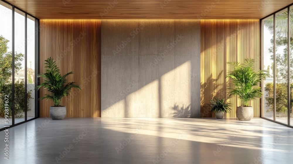 Fototapeta premium Empty room interior with concrete wall and wooden paneling