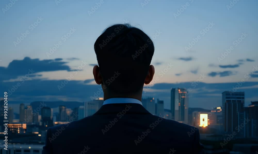 Dusk falls over the city as dramatic clouds gather, with a businessman in silhouette standing poised for a cinematic shot Dusk falls over the city as dramatic clouds gather, with a businessman in silhouette standing poised for a cinematic shot