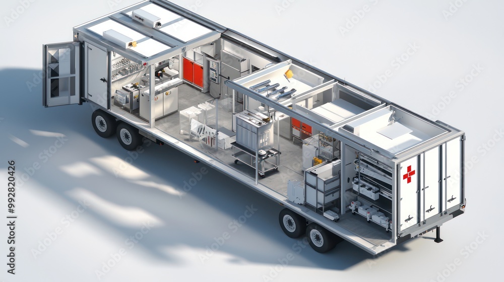 Architectural plan for a mobile disaster response unit, featuring modular equipment and rapid deployment capabilities Architectural plan for a mobile disaster response unit, featuring modular equipment and rapid deployment capabilities