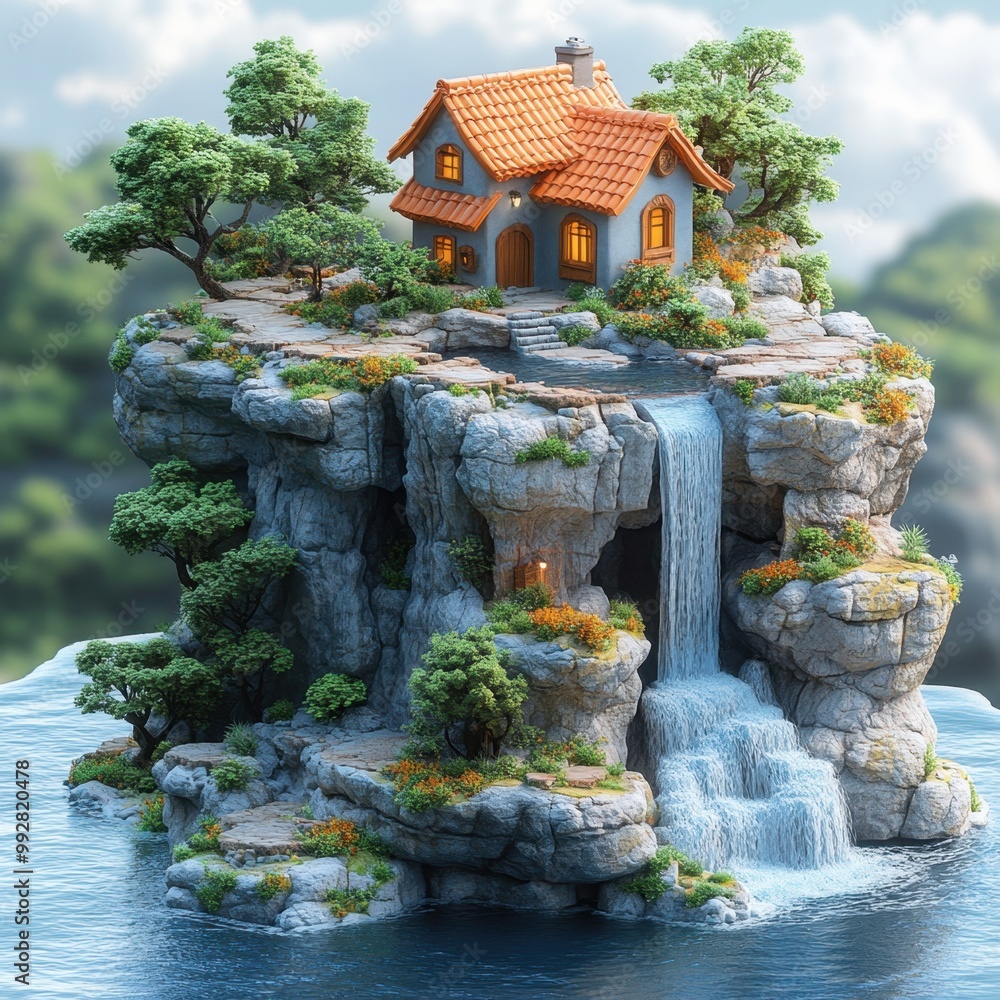 Fototapeta premium Cozy Cottage on a Rocky Island with Waterfall