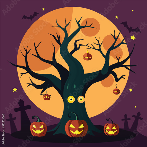 The vector illustration of the magic tree with a Halloween concept. Whimsical Tree of Spooks and Specters.