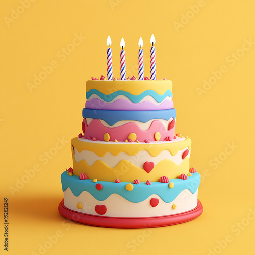 3D birthday cake with four colorful tiers photo