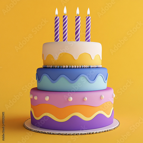 3D birthday cake with four colorful tiers