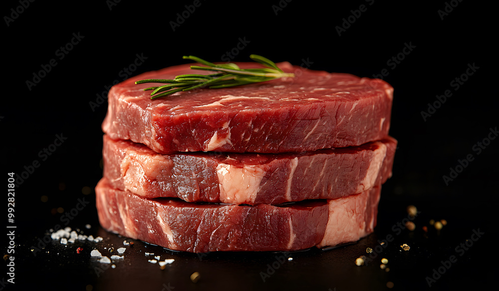 Fresh Raw Beef Steaks with Marbling on a Black Plate design Fresh Raw Beef Steaks with Marbling on a Black Plate design