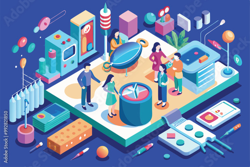 A colorful illustration depicting individuals engaged in activities related to fertility awareness and support, Customizable Isometric Illustration for Infertility Diagnosis