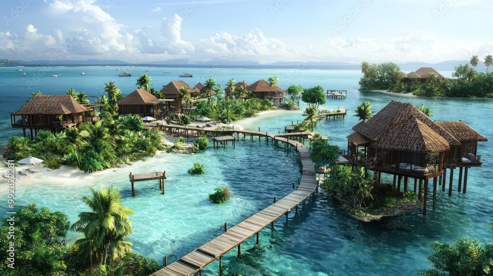 Obraz premium Architectural plan for a private island resort, featuring overwater bungalows and ecological preservation areas