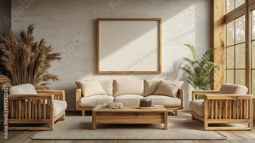 Farmhouse living room with empty wall mockup and wooden furniture