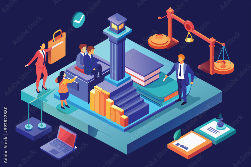 An isometric illustration depicting lawyers and clients engaged in legal discussions around important documents, Customizable Isometric Illustration for Law Firm An isometric illustration depicting lawyers and clients engaged in legal discussions around important documents, Customizable Isometric Illustration for Law Firm