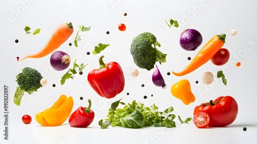 Vibrant vegetables falling in various positions against a clean white backdrop