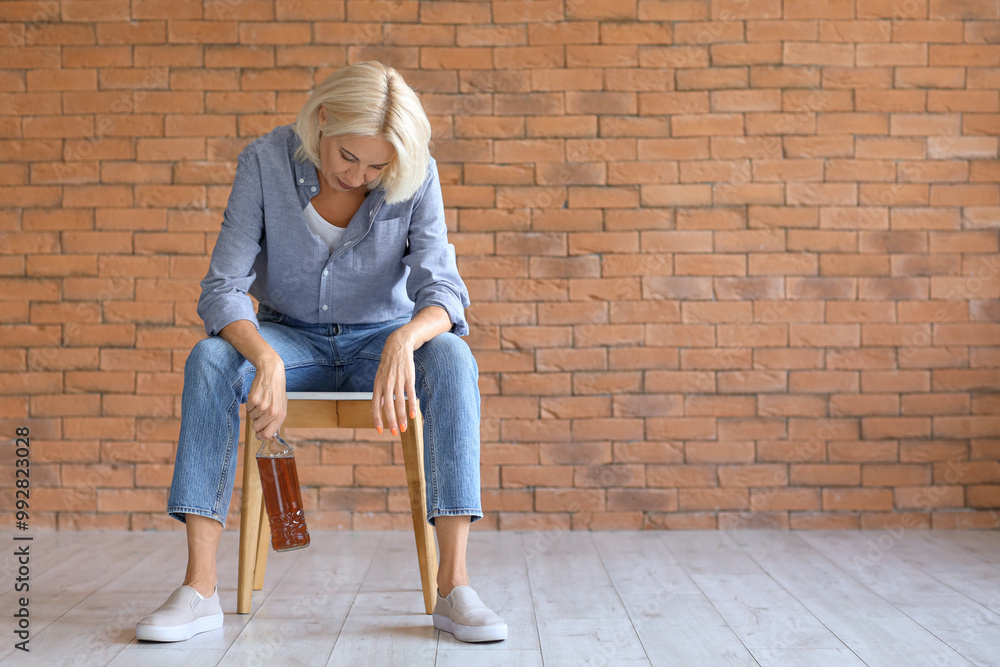 Drunk mature woman with whiskey sitting on chair near brick wall. Concept of alcoholism Drunk mature woman with whiskey sitting on chair near brick wall. Concept of alcoholism