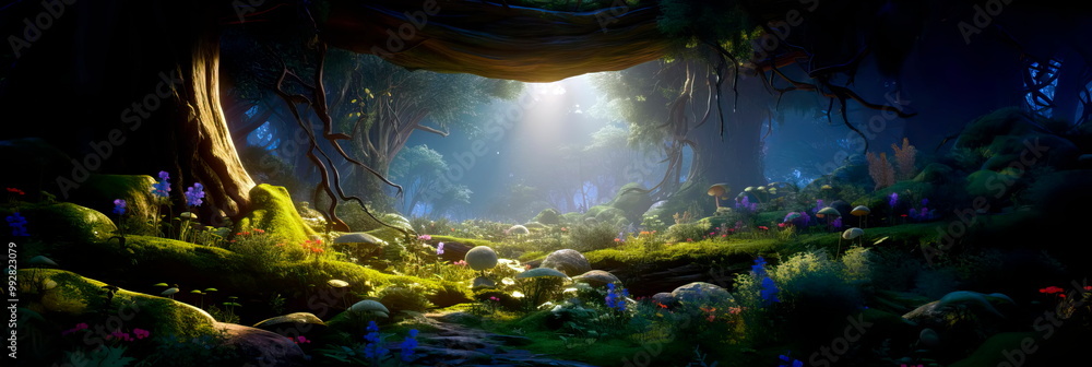 Fototapeta premium An enchanted forest where the trees and wildlife interact and respond to each other, creating a sentient ecosystem. Generative AI