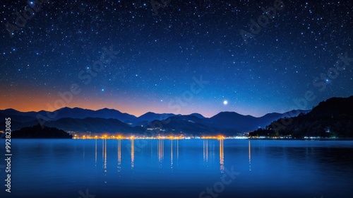 Fototapeta Naklejka Na Ścianę i Meble -  Night sky reflecting on lake with mountains and city lights background