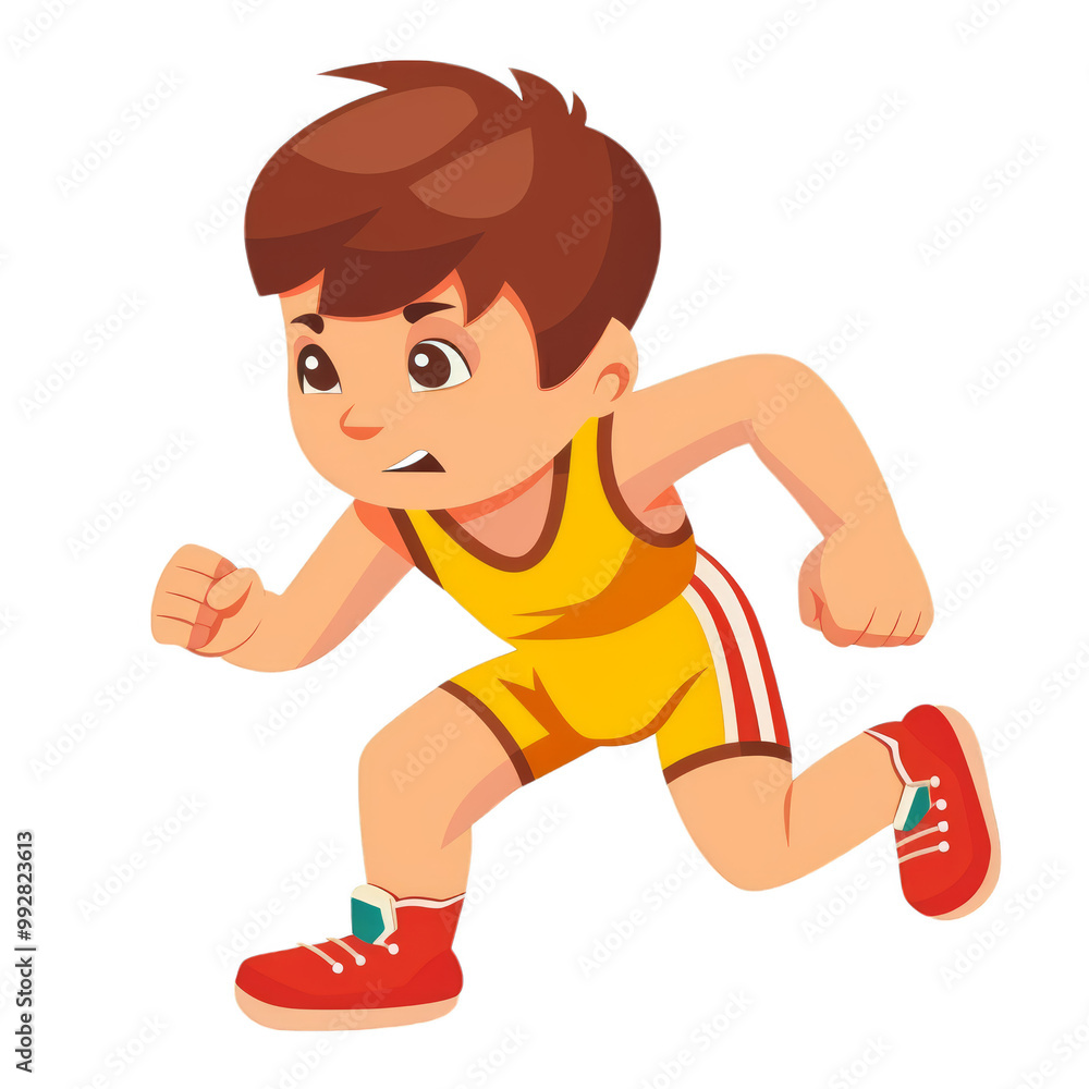 A cartoon boy in a yellow tank top and red shorts is running. He has brown hair and looks determined. A cartoon boy in a yellow tank top and red shorts is running. He has brown hair and looks determined.