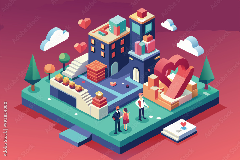 A vibrant isometric illustration shows a couple in love surrounded by gifts and hearts, in an urban setting, Customizable Isometric Illustration for love A vibrant isometric illustration shows a couple in love surrounded by gifts and hearts, in an urban setting, Customizable Isometric Illustration for love