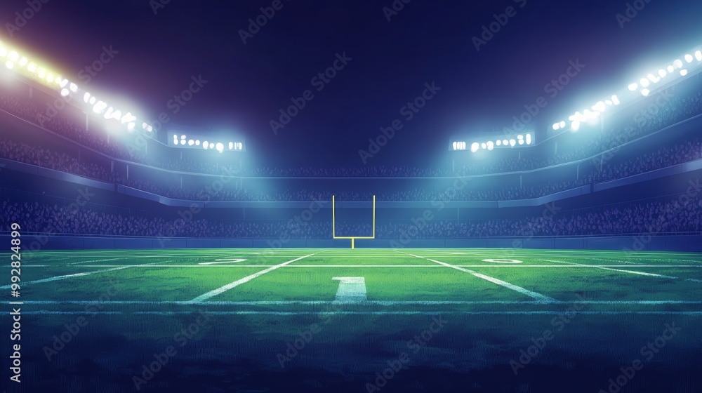 A digital illustration of an American football field under the lights, with fans in their seats and bright stadium lighting A digital illustration of an American football field under the lights, with fans in their seats and bright stadium lighting