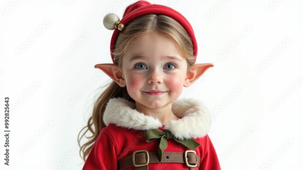 Cheerful child in elf costume with pointed ears and Santa hat smiling at camera Cheerful child in elf costume with pointed ears and Santa hat smiling at camera