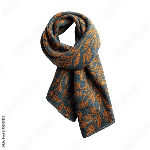 Elegant Green and Orange Patterned Scarf with Leaf Design on Transparent Background