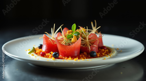 Wallpaper Mural A gourmet dish showcases fresh watermelon slices adorned with microgreens and vibrant garnishes, artfully arranged on a sleek white plate, creating a visually stunning presentation Torontodigital.ca