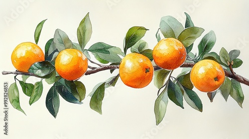 Watercolor Painting of Oranges on a Branch with Green Leaves photo