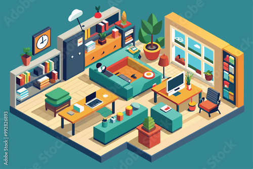 A vibrant office workspace featuring modern furniture, indoor plants, and organizational items for productivity, Customizable isometric illustration for office work.