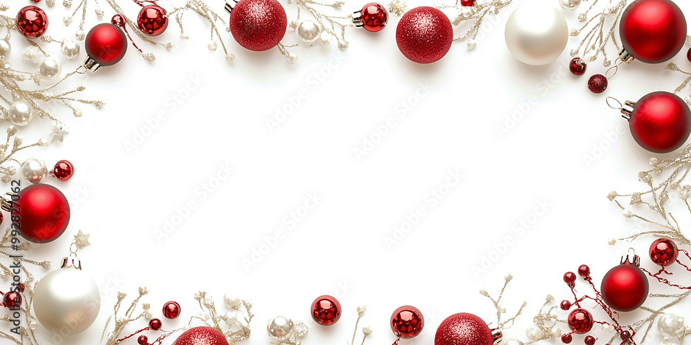 Christmas frame with red and white baubles and fir branches on white background Christmas frame with red and white baubles and fir branches on white background