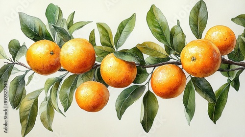 Watercolor Painting of Oranges on a Branch with Green Leaves photo