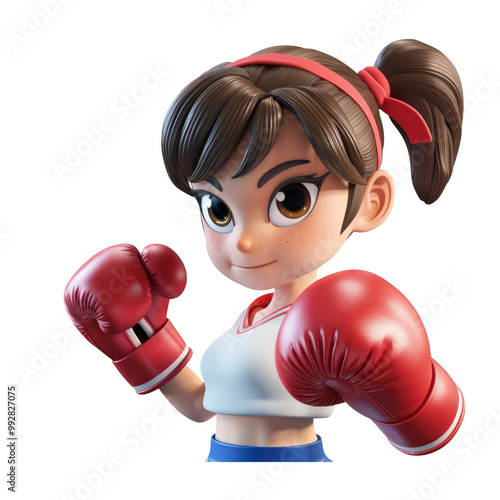 A cartoon girl with brown hair in a ponytail wearing red boxing gloves and a white and blue sports outfit, isolated on a black background.