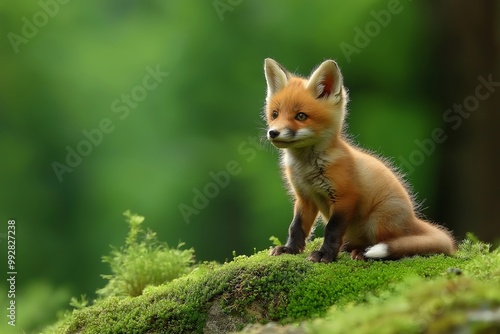 Baby fox is sitting on a log. It has brown fur and is looking at the camera. Red fox, vulpes vulpes, small young cub in forest . Wildlife scene from nature