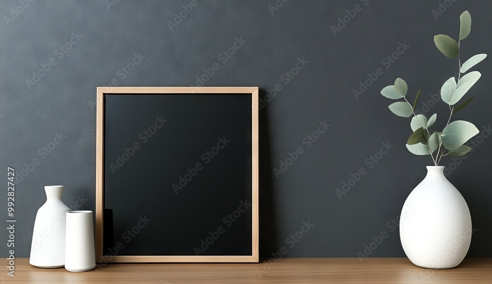 Minimalist Interior with Black Canvas and Vases Minimalist Interior with Black Canvas and Vases