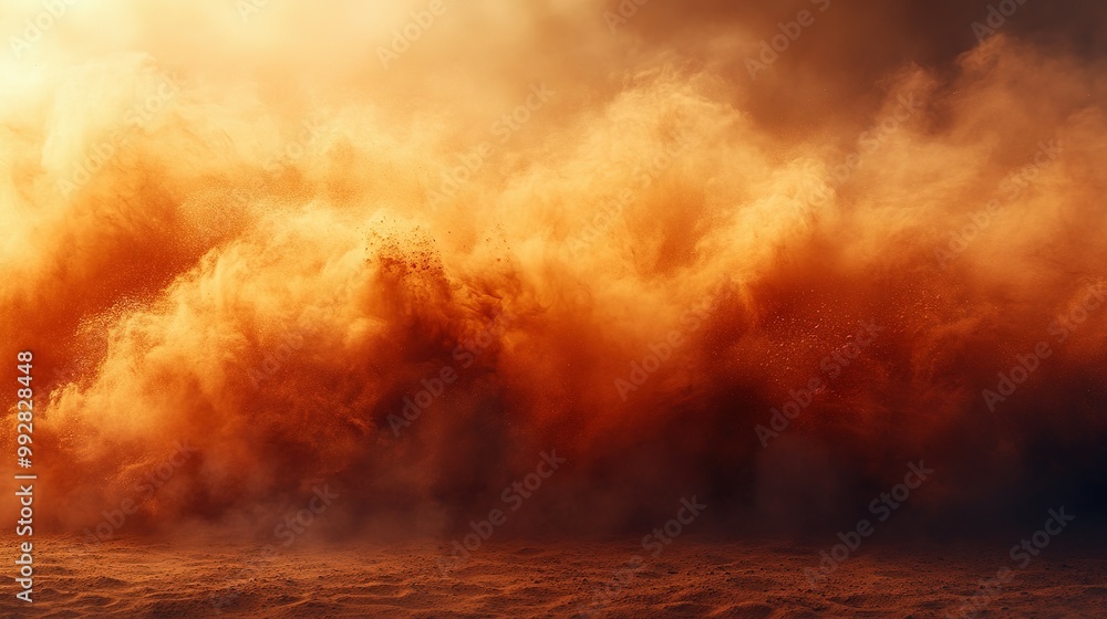 Orange Dust Cloud Erupting Over Sandy Terrain Orange Dust Cloud Erupting Over Sandy Terrain