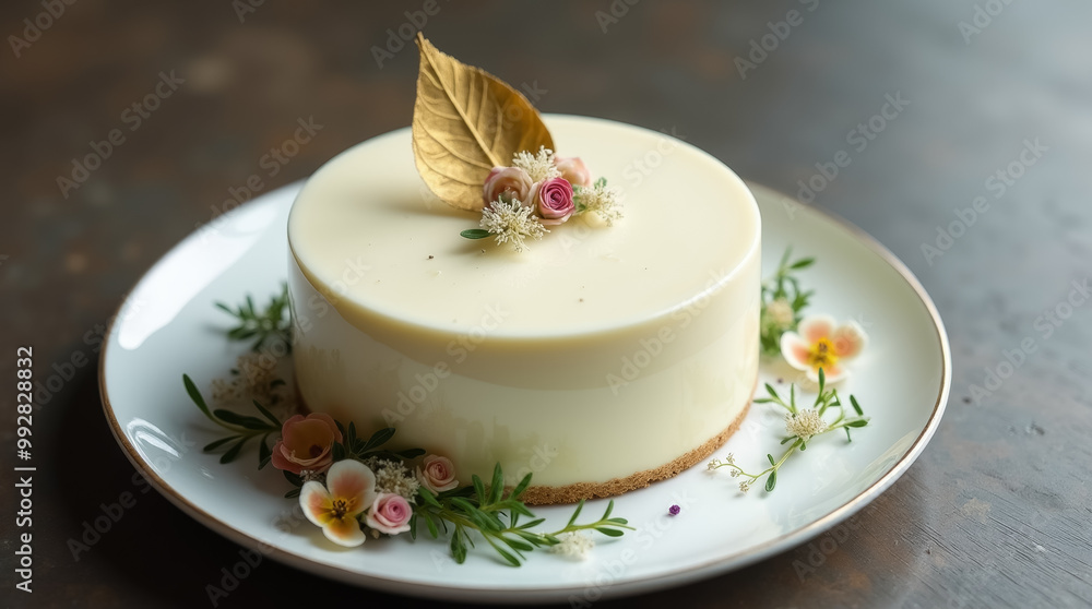 A beautifully crafted cake adorned with floral embellishments and a golden leaf sits elegantly on a decorative plate, showcasing intricate details and artistic presentation A beautifully crafted cake adorned with floral embellishments and a golden leaf sits elegantly on a decorative plate, showcasing intricate details and artistic presentation