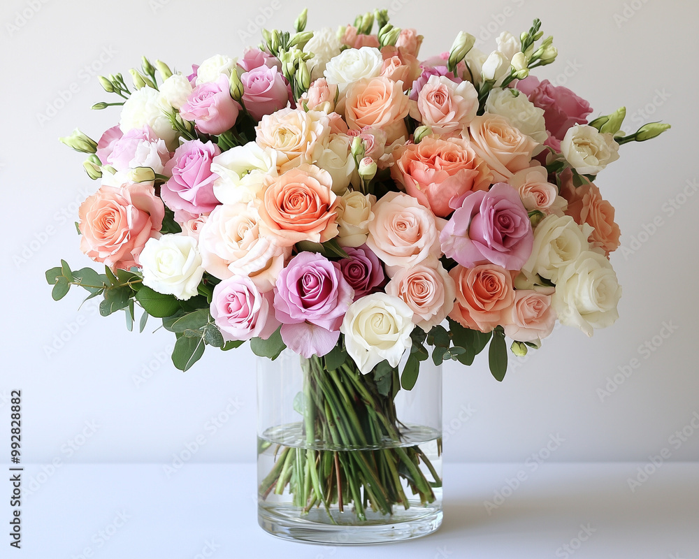 Obraz premium wonderful bouquet in pastel tones, featuring a mix of soft-colored roses and lisianthus, perfect for celebrating Mother's Day or any other special occasion, radiating elegance and charm