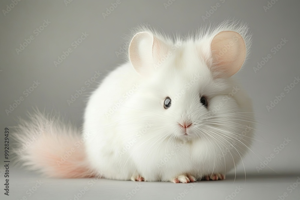 A fluffy white chinchilla with a soft pink tail sitting gracefully on a smooth gray studio background. A fluffy white chinchilla with a soft pink tail sitting gracefully on a smooth gray studio background.