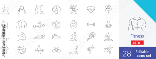 Fitness editable thin line icon style. containing mountain bike, running, pulse, exercise bike, water, body care, exercise, fitness, volleyball, tread